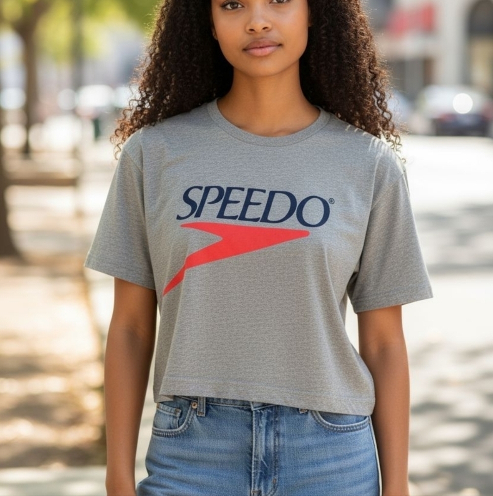 Speedo Crop Tee Shirt Heather Gray Logo Team Apparel Womens NEW